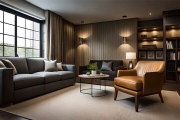 The interior design of a living room that's perfect for a movie lover, with comfortable seating and a large screen for watching films  | Generative AI