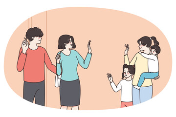 Happy young parents leave small kids with babysitter. Smiling mother and father say bye give children to nanny or nurse in kindergarten. Childhood and care. Flat vector illustration.