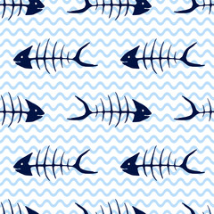 Carp fish skeleton seamless pattern vector illustration in white and blue colors.