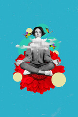 Vertical collage image artwork illustration of pretty girl sitting relaxing showing om symbol fly dreams blue color painting background