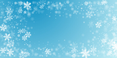 Magical heavy snowflakes backdrop. Winter fleck frozen shapes. Snowfall sky white teal blue pattern. Shimmering snowflakes january texture. Snow nature scenery.