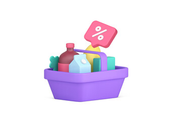 Grocery shopping sale discount supermarket basket full of food drink 3d icon realistic vector