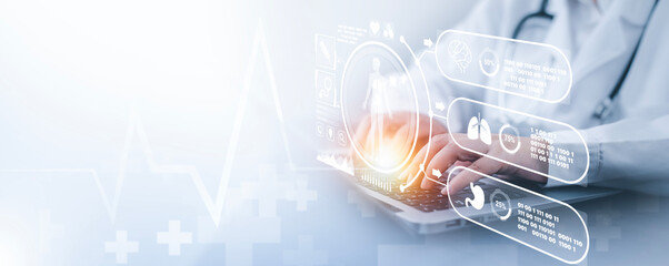 Medical doctors hands working Laptops with the modern interface as a medical network concept, DNA molecule research on the white background concept, Creation technologies for connection Mixed media