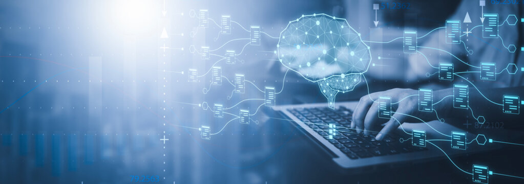 Programmer people hand touching AI, artificial intelligence software engineer coding on laptop or smartphone with technology icons and binary code, big data, Ai bot digital machine