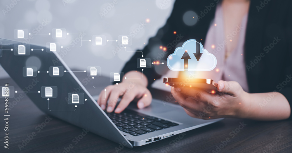 Aufkleber business people using laptop with cloud computing system , storage and data transfer cloud network, 