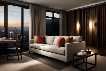 Fototapeta premium The interior design of a living room that's perfect for a movie lover, with comfortable seating and a large screen for watching films | Generative AI