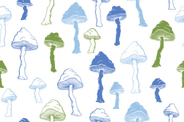 Amanita choky inedible mushrooms seamless pattern vector illustration.