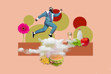 Vertical collage 3d image artwork illustration of sporty funky guy running cross refusing fastfood...