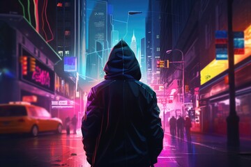 Bustling city street with neon lights and towering skyscrapers. A person in a cyberpunk outfit with a visor walks past. Generative AI - obrazy, fototapety, plakaty