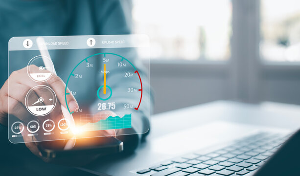 Fast internet connection with Metaverse technology concept, Programmer people working  laptop with Virtual screen of Internet speed measurement, Internet and technology concept, 6G High-speed internet - Powered by Adobe