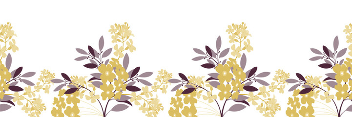 Vector floral seamless pattern, border. Horizontal panoramic illustration with yellow, purple flowers and herbs