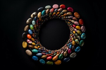 A colorful pebble spiral on black background with a frame. Generative AI