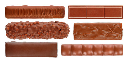 Set of Different Chocolate Bars, top view, isolated on transparent background