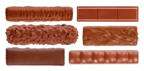 Set of Different Chocolate Bars, top view, isolated on transparent background