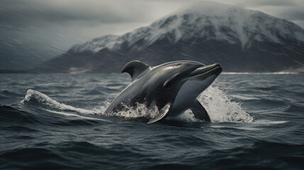 Obraz premium Dolphin jumping out of the water with mountains in the background. Generative AI