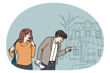 Frustrated couple buyers shocked with price of old ruined house. Unhappy man and woman confused with building rent. Ownership and rental problems. Flat vector illustration.