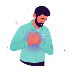 Vector illustration of a man having a heart attack, myocardial infarction. Man with severe chest pain, a primary symptom of a cardiac arrest. Concept for cardiology and emergency medicine