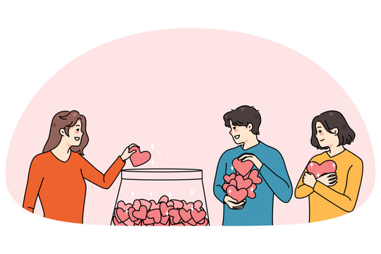 Smiling diverse people with red hearts put in jar volunteer to needy persons. Happy man and women donate to charity. Donation and volunteering concept. Flat vector illustration.