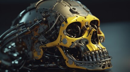 Fototapeta premium Golden Mechanical Skull, Intricate Details, Steampunk-Inspired Art, Futuristic Design, Generative AI Illustration
