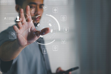 Smart remote home control system app. Living room interior in background.
