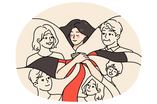 Calm happy young woman keep family in heart. Smiling grateful girl feel love and care to relatives. Emotional bond and attachment concept. Good relationship. Flat vector illustration.