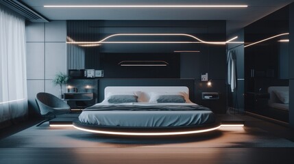 Futuristic Bed, Neon Cove Lighting, Sleep Cycle Tracking, Enhanced Sleep Experience, Generative AI Illustration