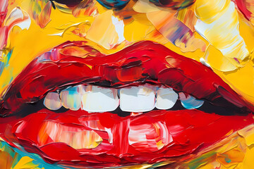 A conceptual abstract closeup of woman lips rendered in vibrant colors like oil painting using a palette knife on canvas, generative ai