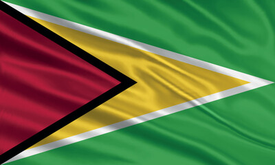 Guyana flag design. Waving Guyana flag made of satin or silk fabric. Vector Illustration.