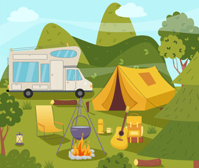 Camping concept art. Flat style illustration of beautiful landscape, mountains, forest, tent, and a campfire. Design for banner, poster, website, emblem, logo and others.