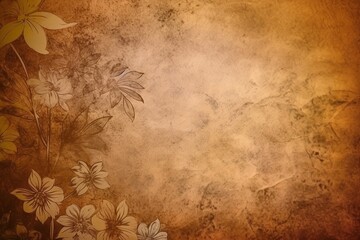 Brown textured background with flowers at the edges, in the style of fine art. Generative AI