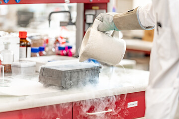 experiments with liquid nitrogen in the chemical laboratory. work and research with extreme...
