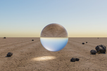 single glas sphere ball hovering in the air in large empty desert environment; abstract surreal concept; 3D Illustration