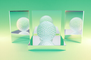 silver metal podium with glas crystal sphere ball on infinite background; pedestal for beauty, cosmetic product presentation. copy space template, 3D Illustration