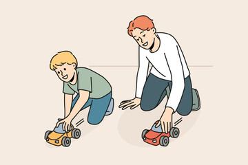 Smiling father playing cars with little son at home. Happy caring dad have fun enjoy game with small boy child. Fatherhood concept. Vector illustration. 