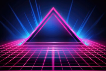 Fototapeta na wymiar Pink triangle on grid with blue glow. Abstract background and wallpaper. Generative ai.