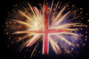 Uk great britain union jack flag with fireworks celebration. Generative ai