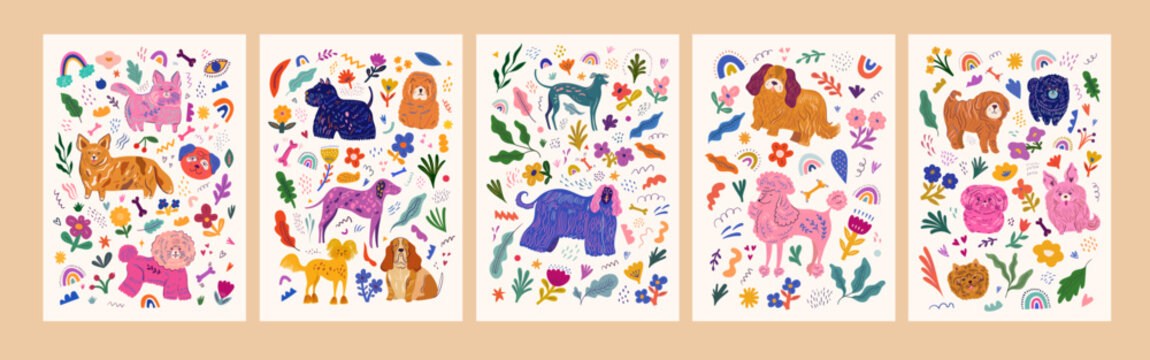 Beautiful flower collection of posters with dogs, flowers and leaves. Notebook covers. Baby posters and cards with dogs and flowers pattern. Nursery baby illustrations.