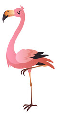 Pink flamingo standing on one leg. Cute tropical bird
