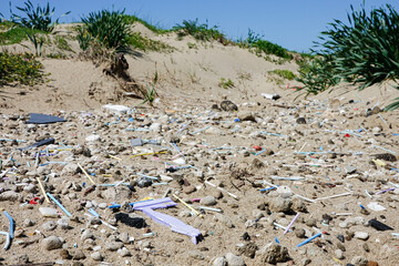 Dirty beach full of plastic, microplastic, bottles, straws and various garbage with plants in the...