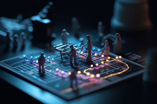 Miniature people figurines fixing abstract glowing circuit board with neon colors, teamwork and technology concept, created with Generative AI