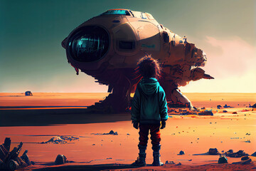 Fototapeta na wymiar Child in front of spaceship on dystopic alien planet (Generative AI)