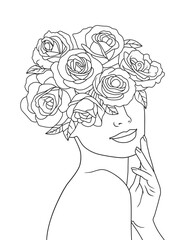 Flower head Feminine Illustration line drawing. Woman face with flowers line art