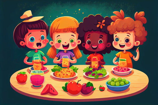 Group of happy cartoon children eating healthy food in school (Generative AI)