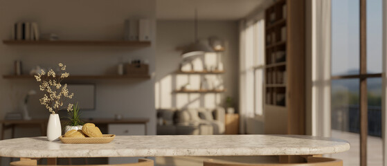 Copy space for product display on a marble dining table in beautiful cozy home dining room