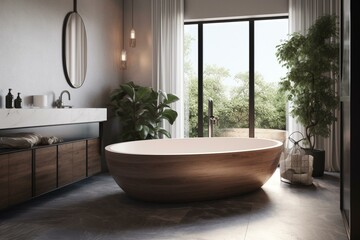 Fototapeta na wymiar Modern bathroom design featuring a standalone tub. 3D rendered. Generative AI
