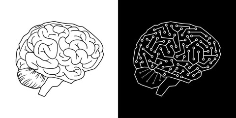 2 icônes - un cerveau humain aux contours noirs et un cerveau constitué de microprocesseur pour symboliser l’intelligence artificielle ( IA ) aux contours blancs sur un fond noir.
