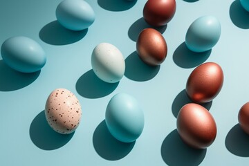 Minimal, trendy Easter pattern with colorful eggs on pastel blue background and sharp shadows. Creative, minimal art for spring holidays or food. Generative AI