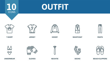 Outfit outline set. Creative icons: t-shirt, jersey, hoody, waistcoat, pants, underwear, gloves, necktie, socks, beach slippers.