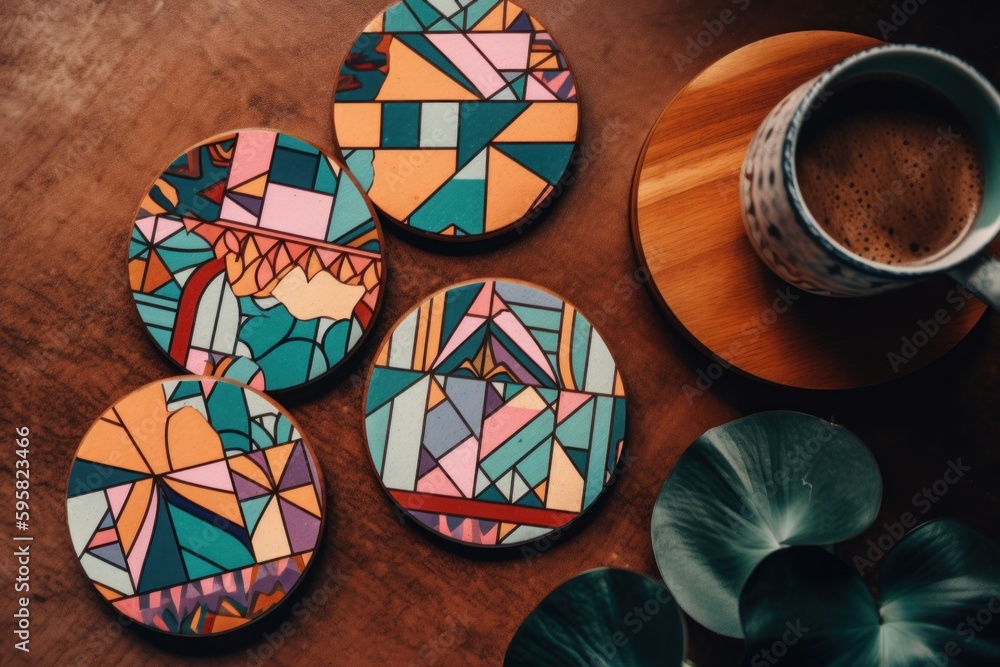 Poster four coasters sitting on top of a table next to a cup of coffee. ai generative image.