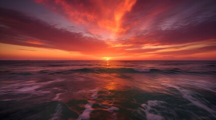 A fiery sunset over the ocean